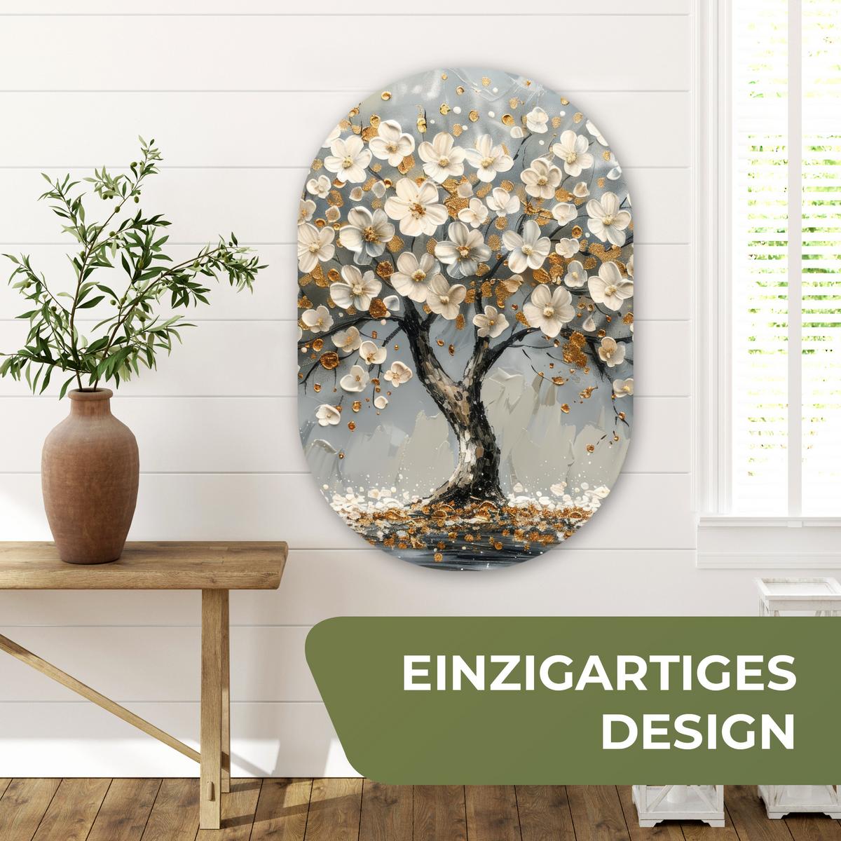 WANDBILD Baum - Gold - Blumen - Abstrakt - Kunst Wanddeko Schlafzimmer 60x90 cm - Goldfarben, Kunststoff (60/90cm) - MuchoWow