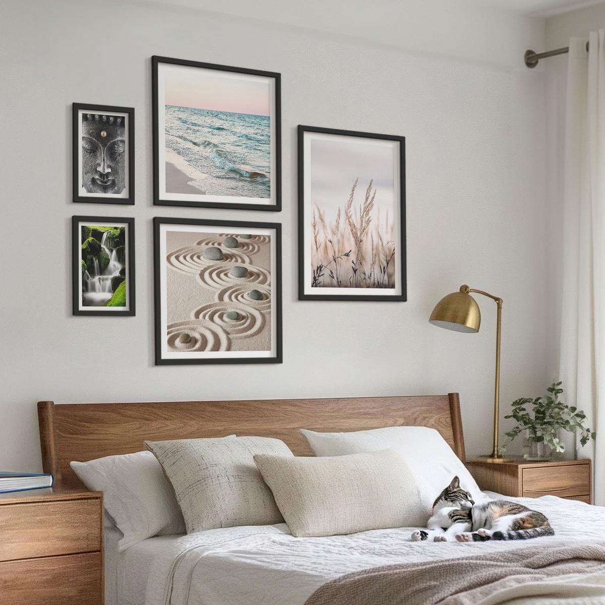 BILDER SET 5er Set - 50x50 cm & 20x30 cm & 40x60 cm Schwarzer Rahmen - Nachthimmel, Berge, Sterne - Schwarz, Kunststoff (40/60cm) - TULUP
