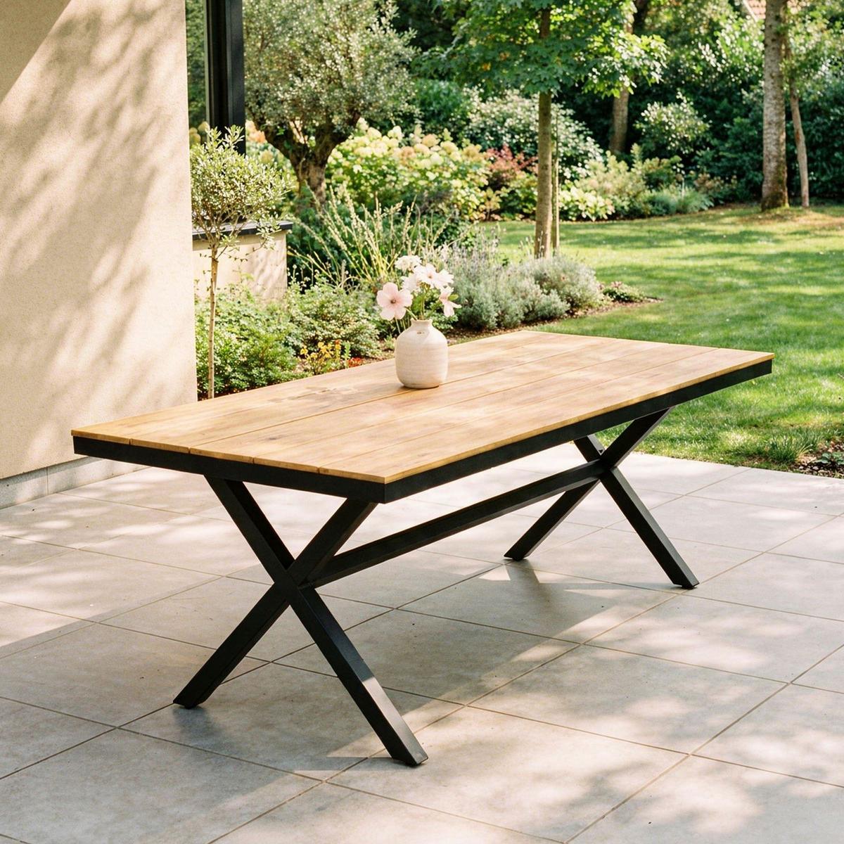 GARTENTISCH ISOLA grau/natur - Schwarz/Naturfarben, Kunststoff/Metall (100/180/76cm) - IDIMEX