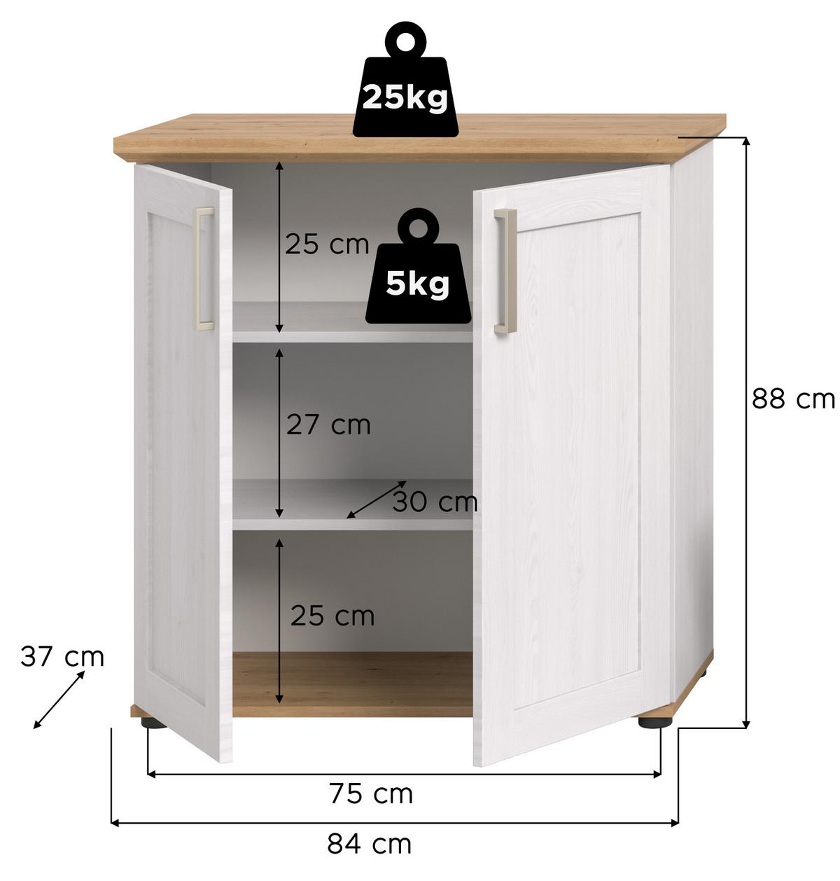 KOMMODE weiß Lärche, Eiche Artisan 84 cm, Highboard Landhaus Stil - Silberfarben/Schwarz, Holzwerkstoff/Kunststoff (84/88/37cm) - Inn.Furn