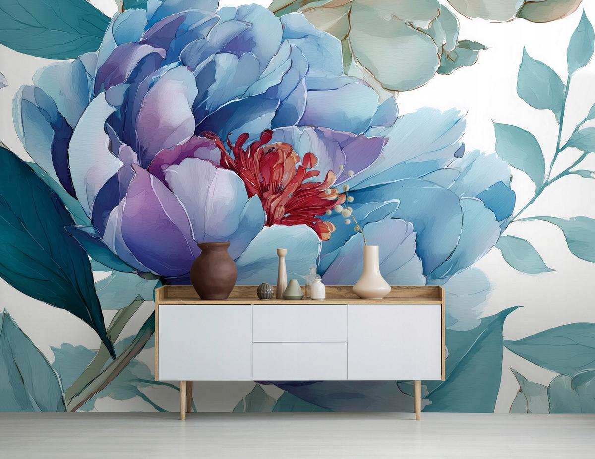 FOTOTAPETE Blumen Blätter Blau 300x210 cm - Multicolor, Papier (300/210cm) - Wallarena