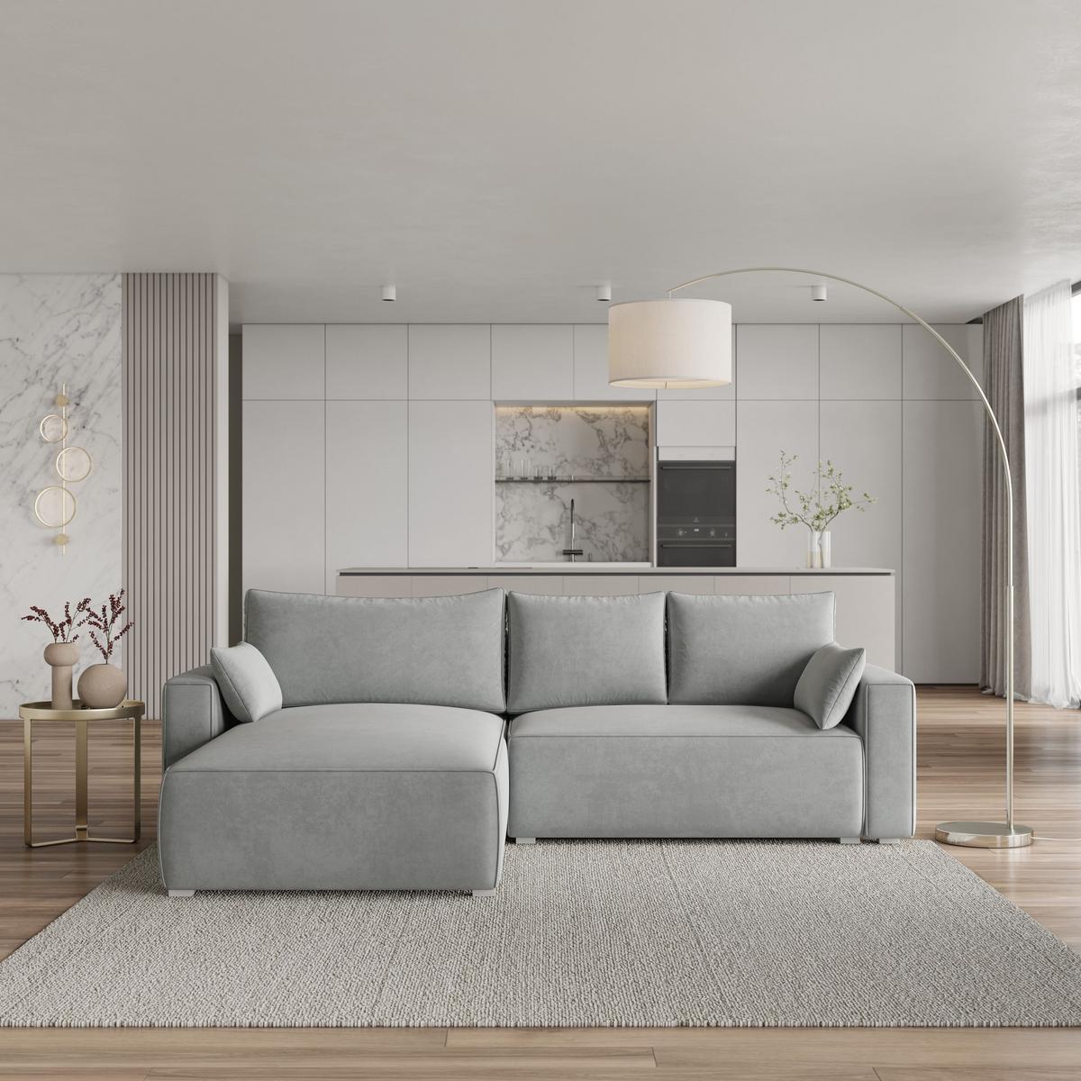 ECKSOFA FORIL Hellgrau Velours-Stoff mit Schlaffunktion - Hellgrau/Grau, Holz/Kunststoff (265/178cm) - MASSENO