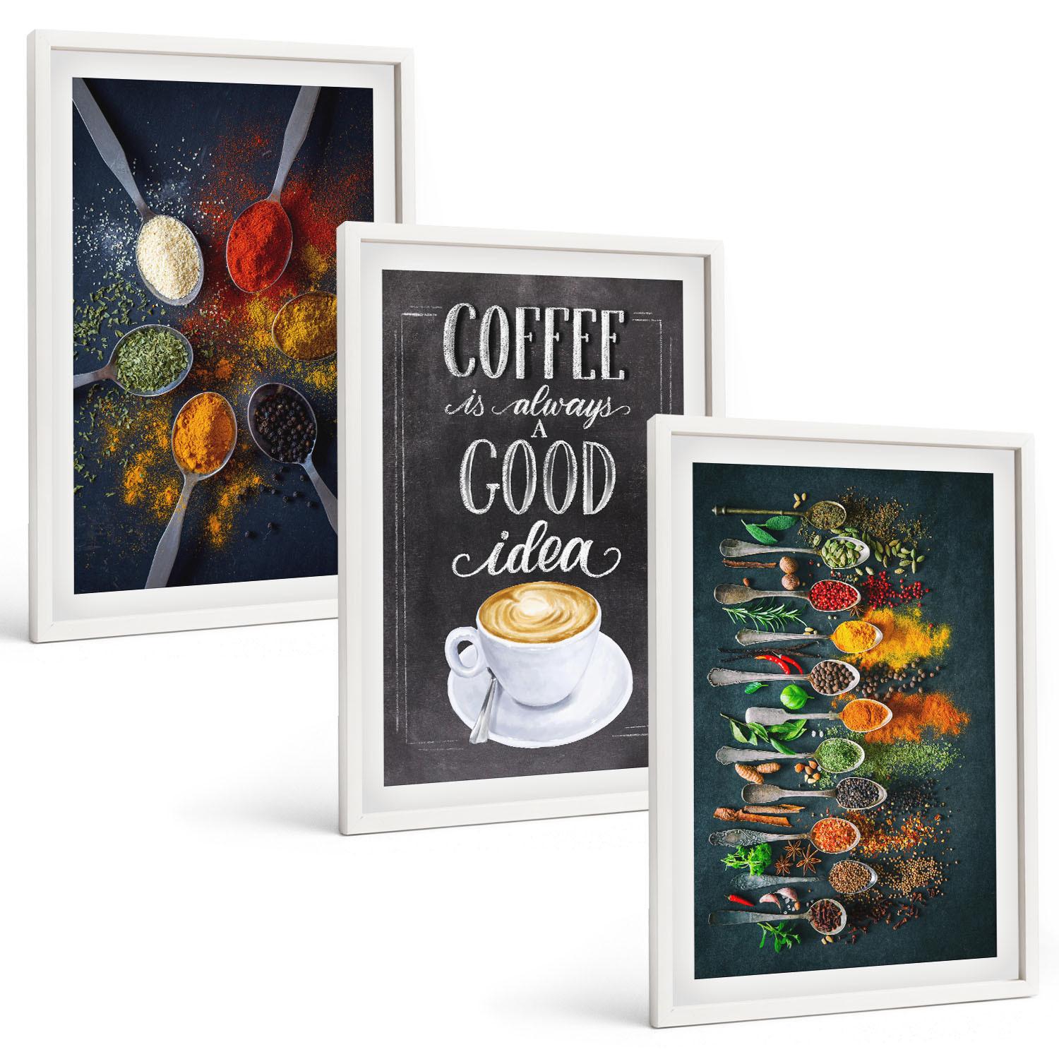 BILDER SET 3er Set - 40x60 cm Weißer Rahmen - Gewürze, Kaffee, Kräuter, Muster - Weiß, Kunststoff (40/60cm) - TULUP