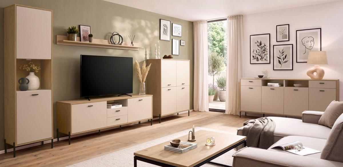 TV-LOWBOARD Kaschmir, Eiche 195 x 64 cm, TV Unterteil mit Soft-Close, Komforthöhe - Kaschmir/Eichefarben, Holzwerkstoff/Metall (195/64/40cm) - Furn.Design