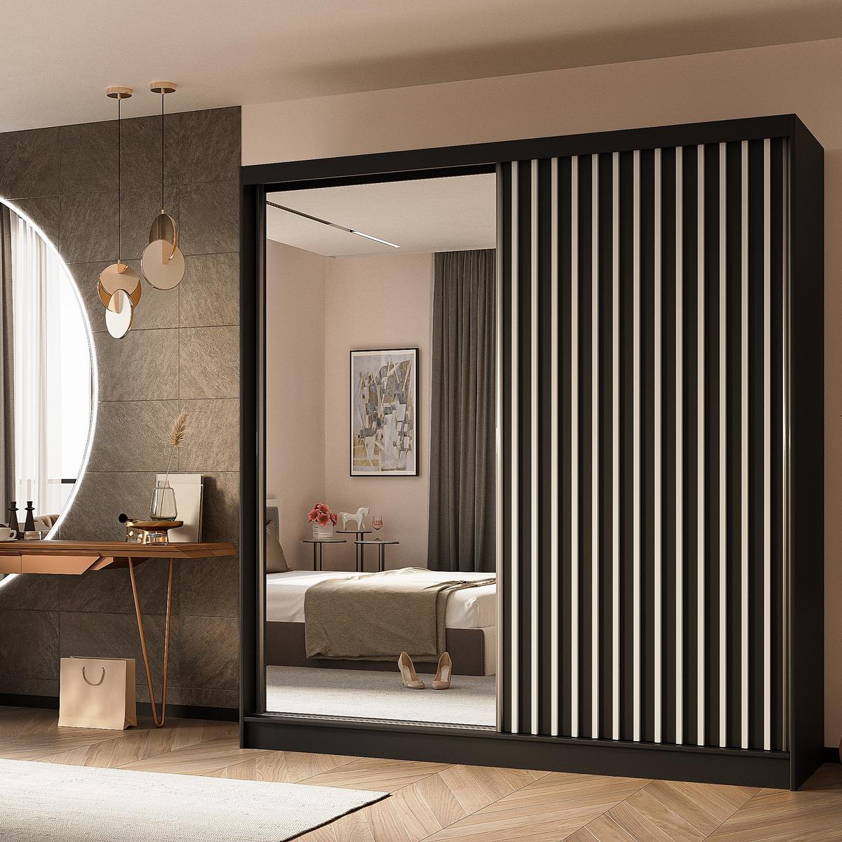 SCHWEBETÜRENSCHRANK LAMELLO 200/216/61 cm 2-türig mit Spiegel Schwarz - Schwarz, Holzwerkstoff (200/216/61cm) - MASSENO