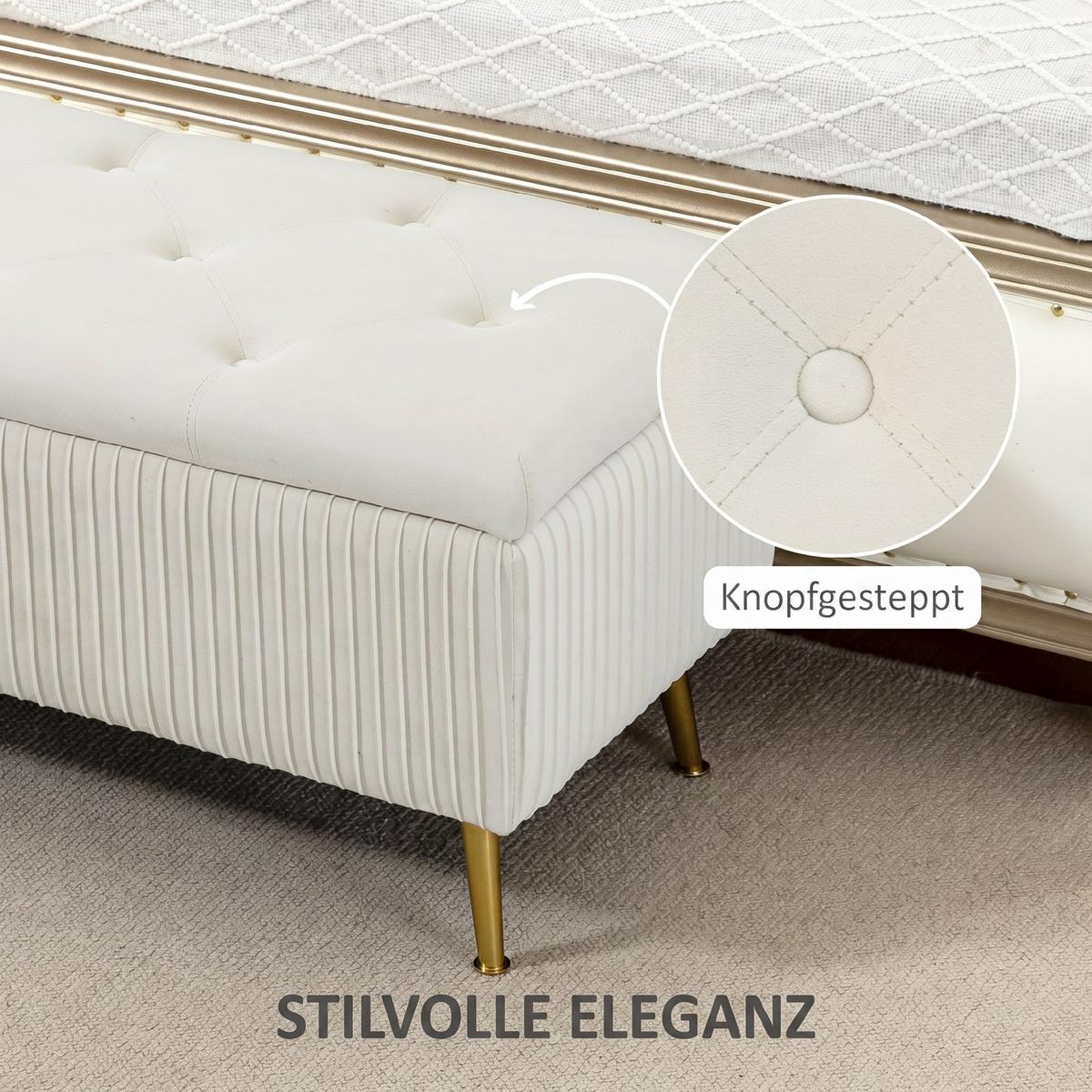 SITZTRUHE Mehrschichtholz Schaumstoff Samt Eisen Cremeweiß - Goldfarben/Creme, Textil/Metall (44.5/46/110cm) - HOMCOM