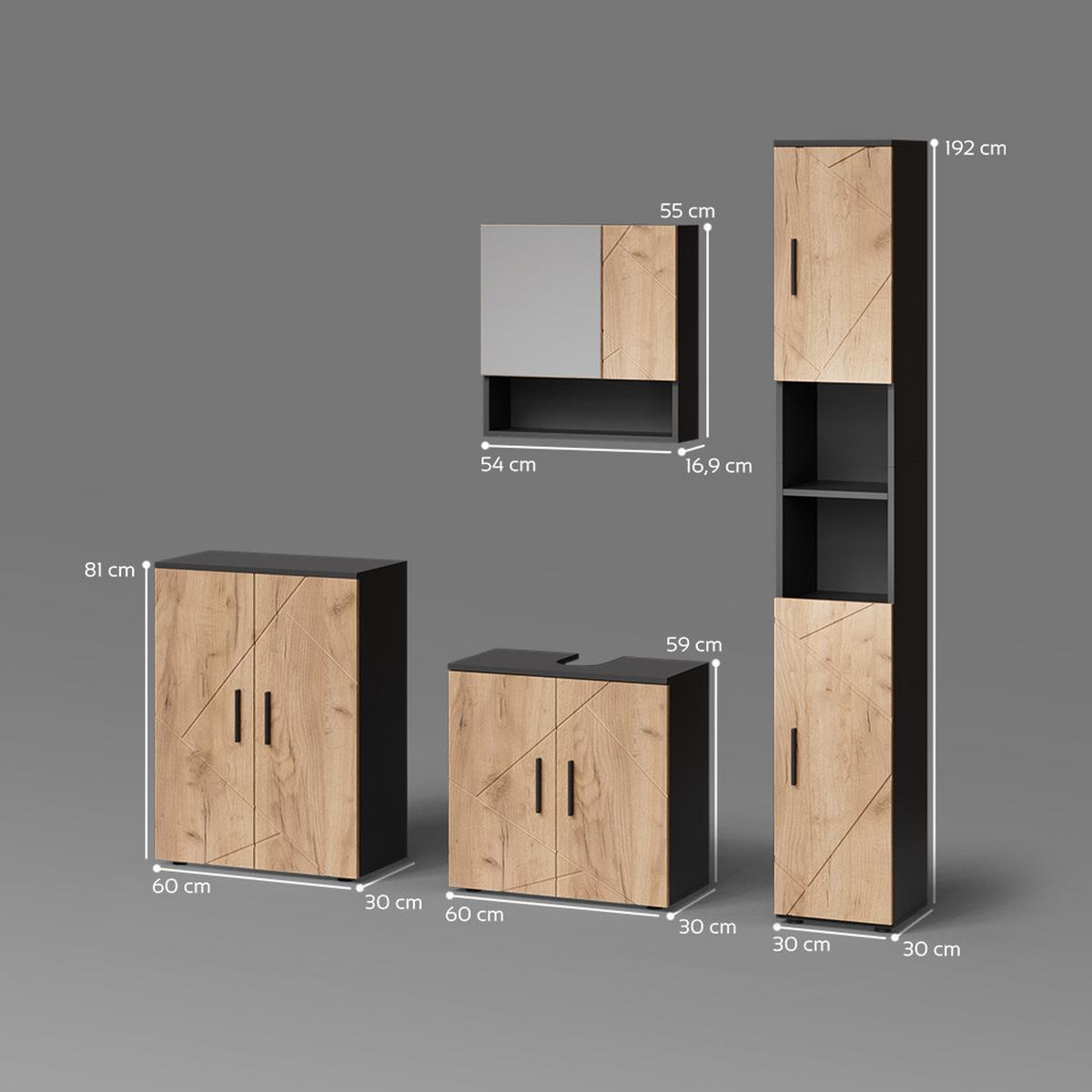 BADMÖBEL-SET Ronco Goldkraft Eiche/Anthrazit 4 Teile, mit Hochschrank und Kommode - Honigeiche/Anthrazit, Holzwerkstoff (60/192/30cm) - Livinity®
