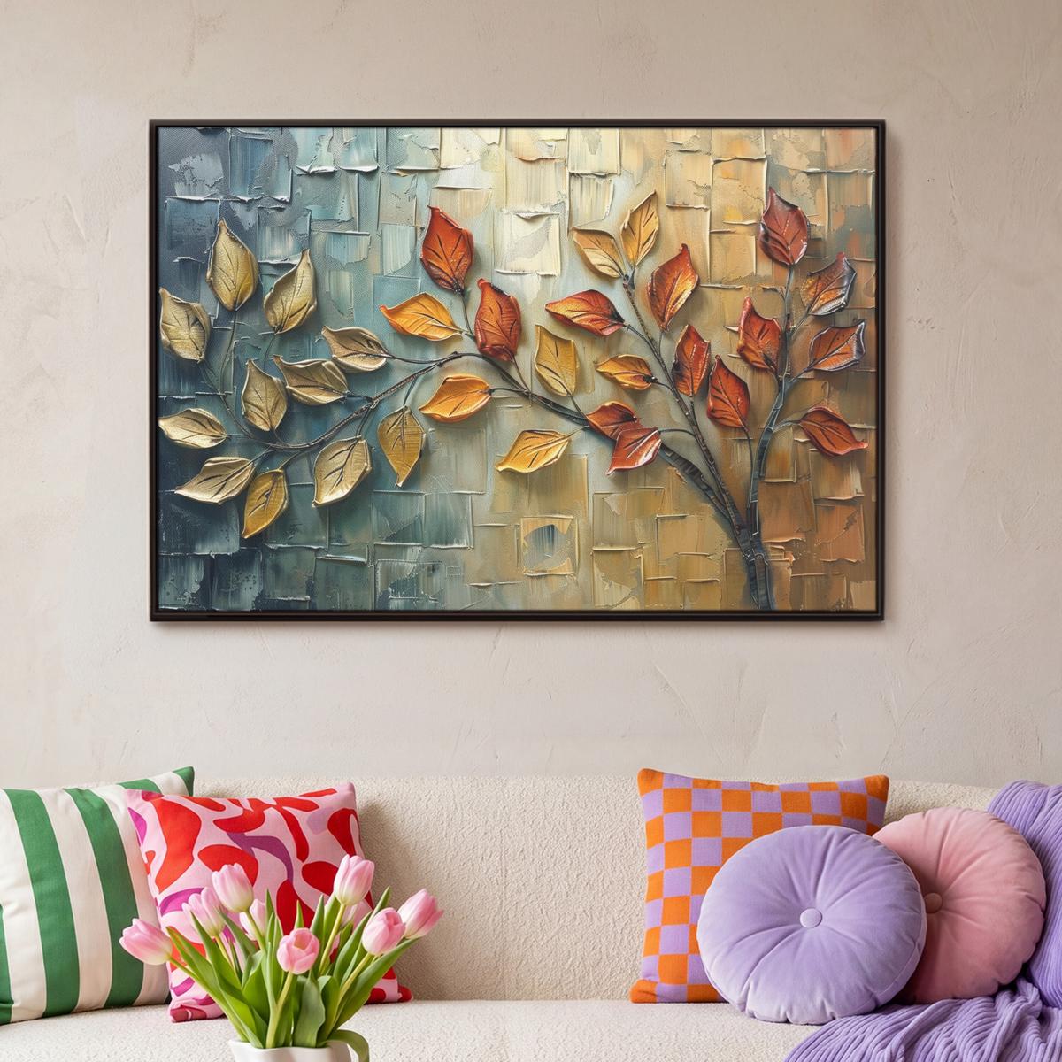 LEINWAND Bilder mit Rahmen - Baum - Abstrakt - Natur - Kunst - 90x60 - Goldfarben, Textil (90/60cm) - MuchoWow