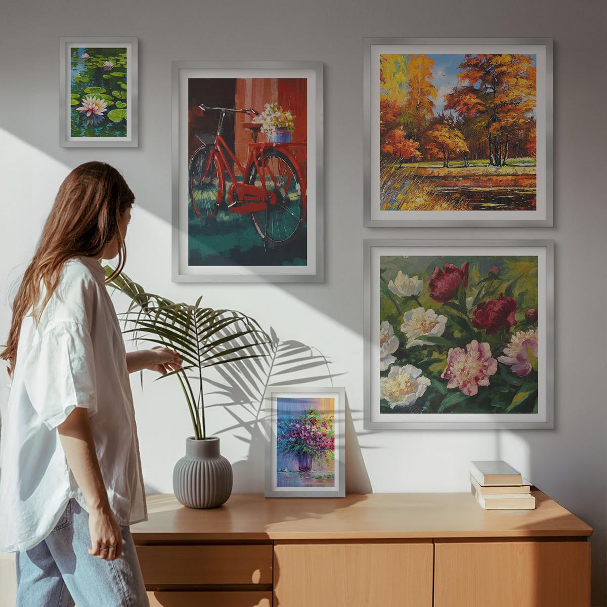 BILDER SET 5er Set - 50x50 cm & 20x30 cm & 40x60 cm Silberner Rahmen - Seerosen, Fahrradblumen - Silberfarben, Kunststoff (40/60cm) - TULUP