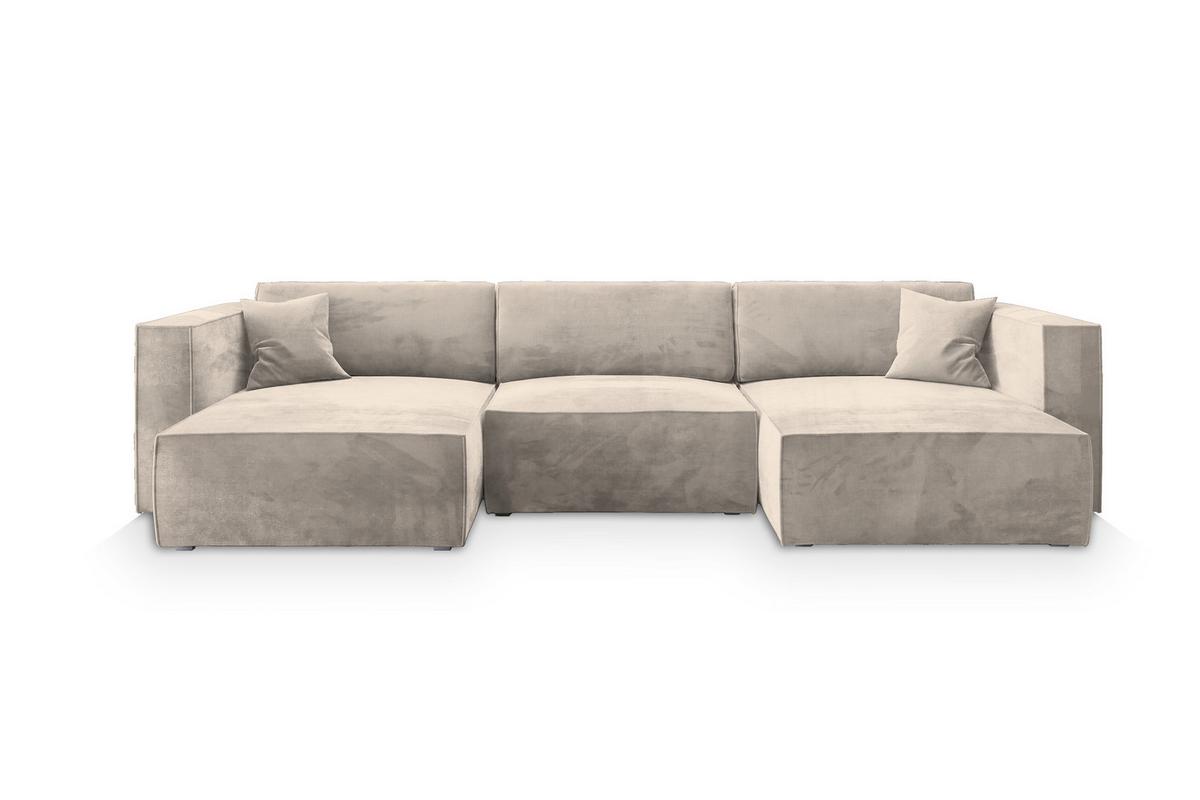 WOHNLANDSCHAFT SARMO M Creme Velours-Stoff mit Schlaffunktion - Creme/Grau, Holz/Kunststoff (347/70/148cm) - MASSENO
