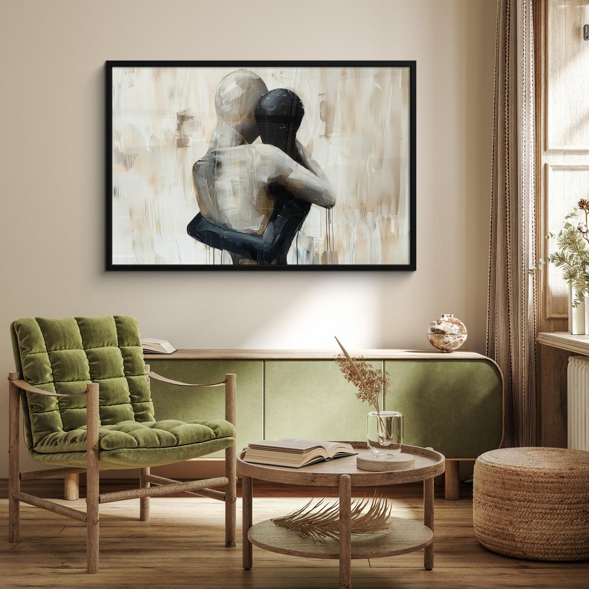 POSTER MIT RAHMENGERAHMTES BILD Abstrakt - Liebe - Schwarz und weiß - Modern 120x80 cm - Schwarz, Papier (120/80cm) - MuchoWow