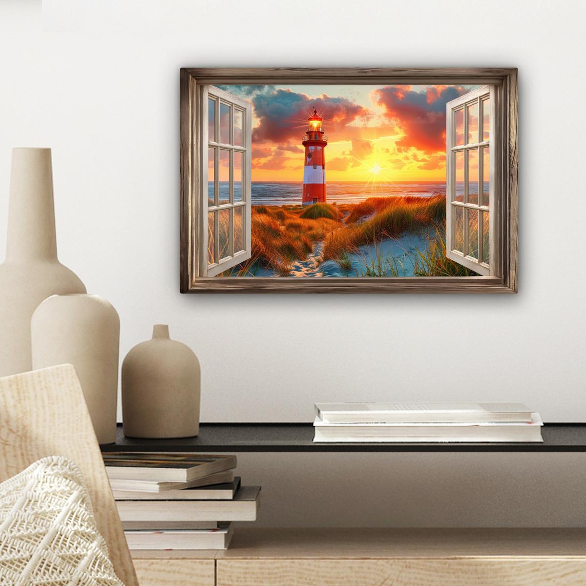 LEINWANDBILD Aussicht - Fenster - Leuchtturm - Sonnenuntergang - Strand Deko Schlafzimmer 30x20 cm - Dunkelorange, Textil (30/20cm) - MuchoWow