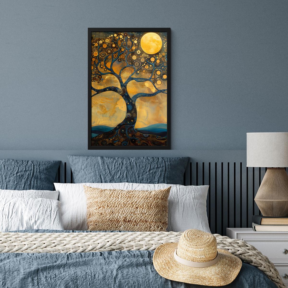 POSTER MIT RAHMEN Baum - Mond - Blumen - Gold - Kunst Bilder mit Rahmen 40x60 cm - Orange, Papier (40/60cm) - MuchoWow