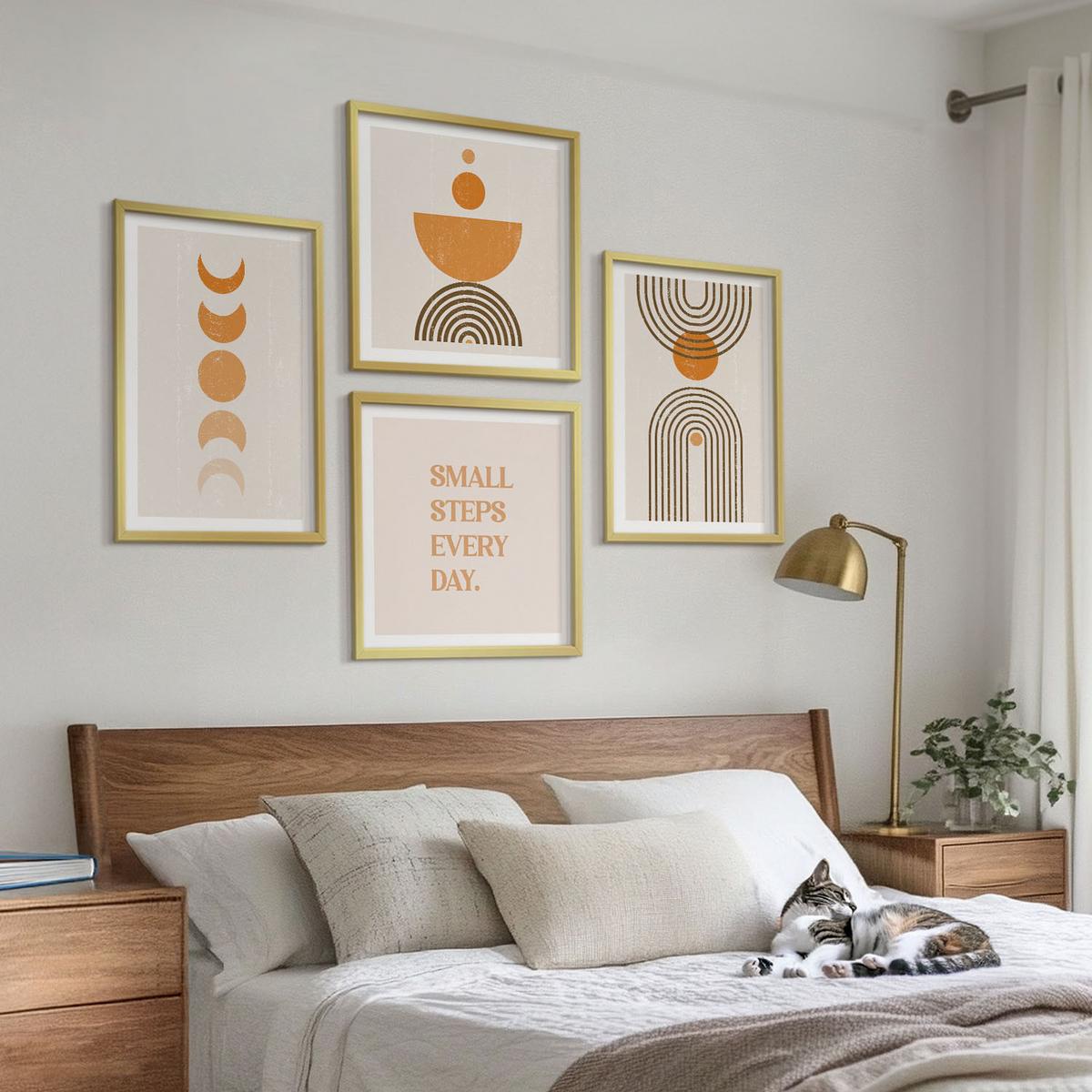 BILDER SET 4er Set - 50x50 cm & 40x60 cm Goldrahmen - Minimalistische Boho-Muster - Goldfarben, Kunststoff (50/50cm) - TULUP
