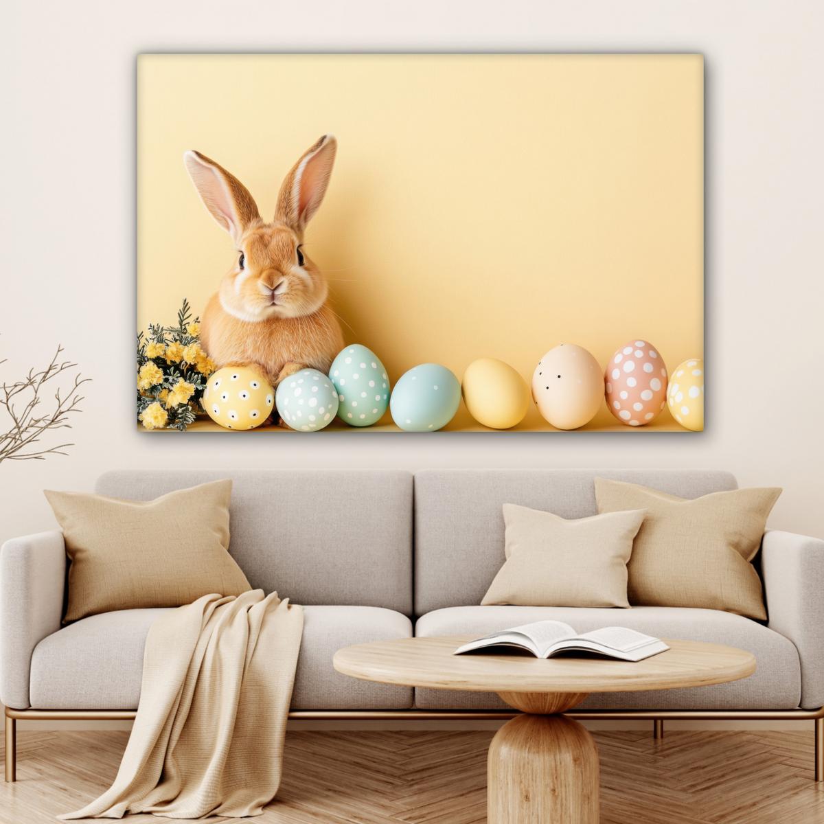 LEINWANDBILD Eier - Kaninchen - Pastellfarbtöne Groß 140x90 cm - Hellgelb, Textil (140/90cm) - MuchoWow