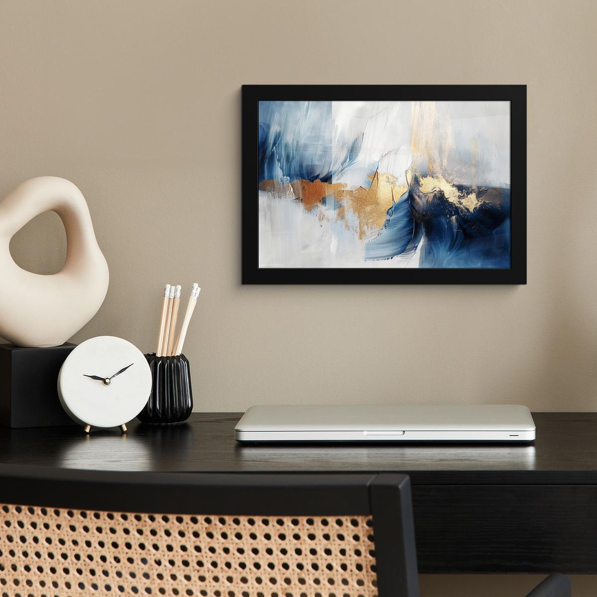 POSTER MIT RAHMENGERAHMTES BILD Gold - Blau - Aquarell - Kunst - Modern 30x20 cm - Hellblau, Papier (30/20cm) - MuchoWow