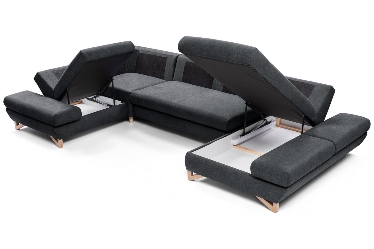 WOHNLANDSCHAFT CASA IV L-S Anthrazit Plüsch-Stoff mit Schlaffunktion - Anthrazit, Holz (344/100/199cm) - MASSENO