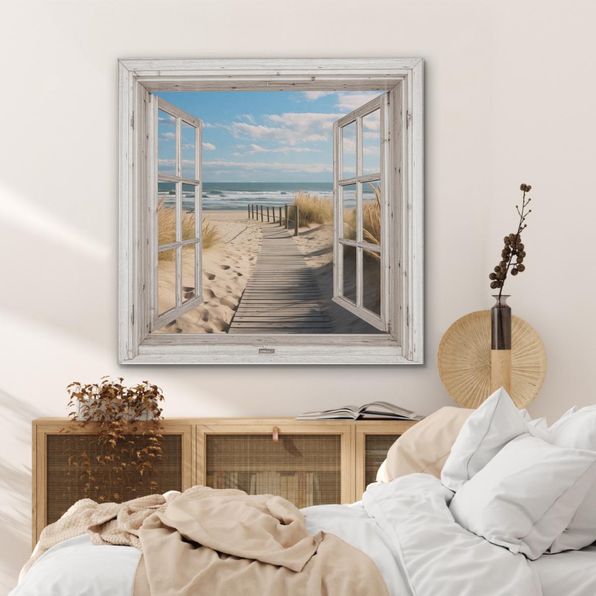 AKUSTIKBILD Fenster - Meer - Küste - Natur - Ausblick - Strand - Wattenmeer Akustikpaneele 90x90 cm - Beige, Kunststoff (90/90/0.9cm) - MuchoWow