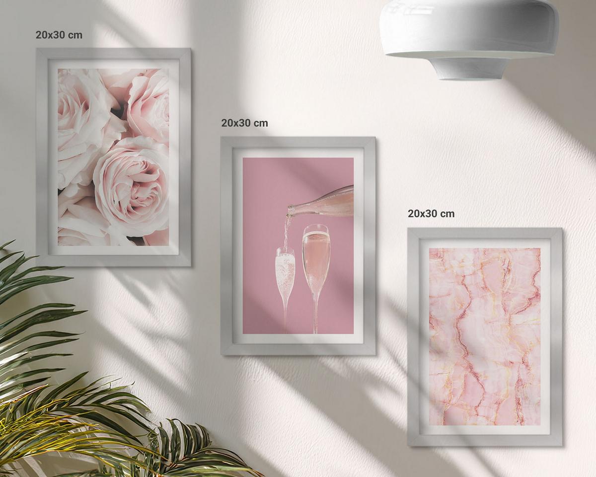 BILDER SET 3er Set - 20x30 cm Silberner Rahmen - Champagnerfarbene Rosen, Marmorhintergrund - Silberfarben, Kunststoff (20/30cm) - TULUP