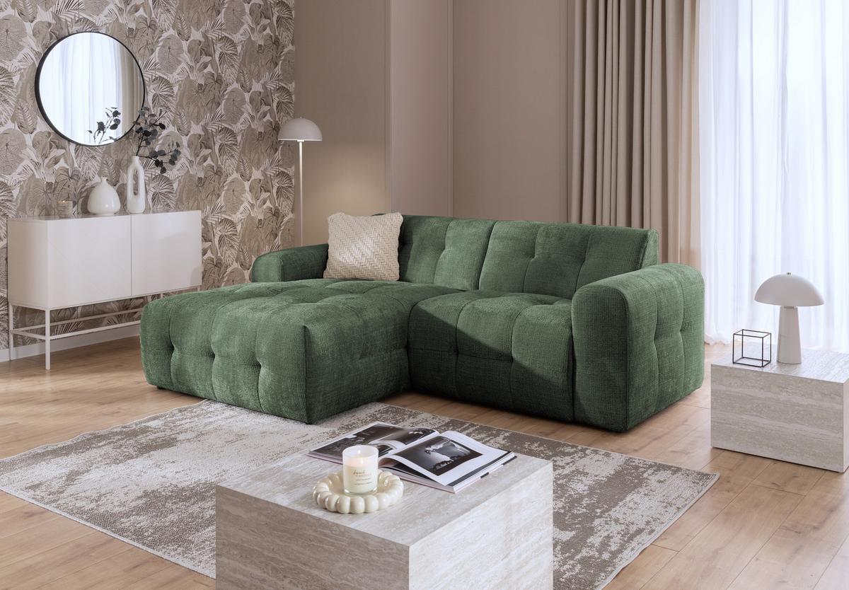 ECKSOFA mit Ottomane links, raffinierten Steppungen, Wellenunterfederung, B234/T161/H79 cm, Chenille-Bezug in Grün / 21040 - Schwarz/Grün, Kunststoff/Textil (234/79/161cm) - luma-home