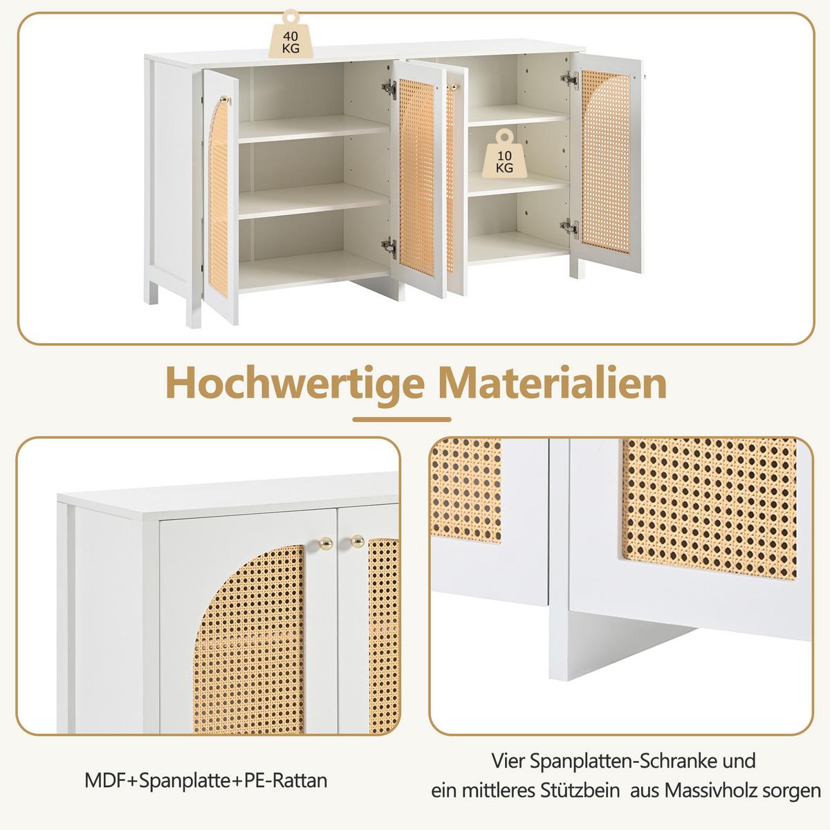SIDEBOARD mit Kunst-Rattan-Türen Verstellbaren Regalen - Weiß, Holzwerkstoff (145/40/80cm) - Urban Meuble