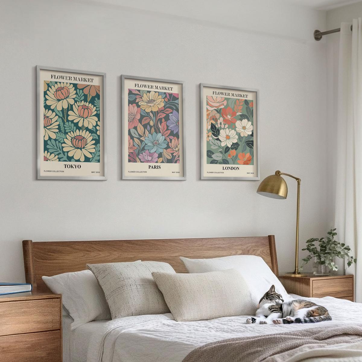 BILDER SET 3er Set - 40x60 cm Silberner Rahmen - Blumenposter Tokio Paris London - Silberfarben, Kunststoff (40/60cm) - TULUP