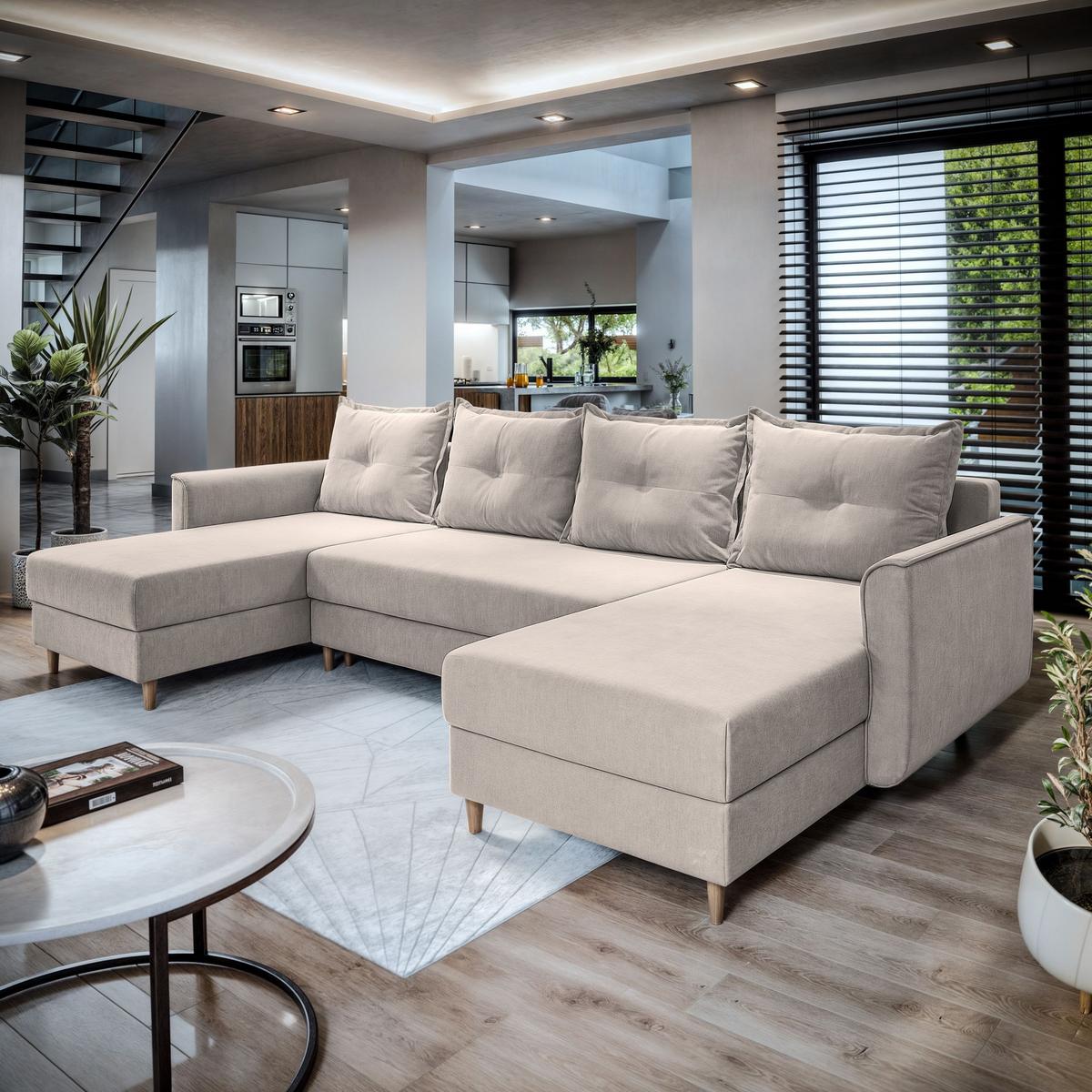 WOHNLANDSCHAFT VERNI Beige Plüsch-Stoff mit Schlaffunktion - Beige/Braun, Holz/Textil (285/91/143cm) - MASSENO