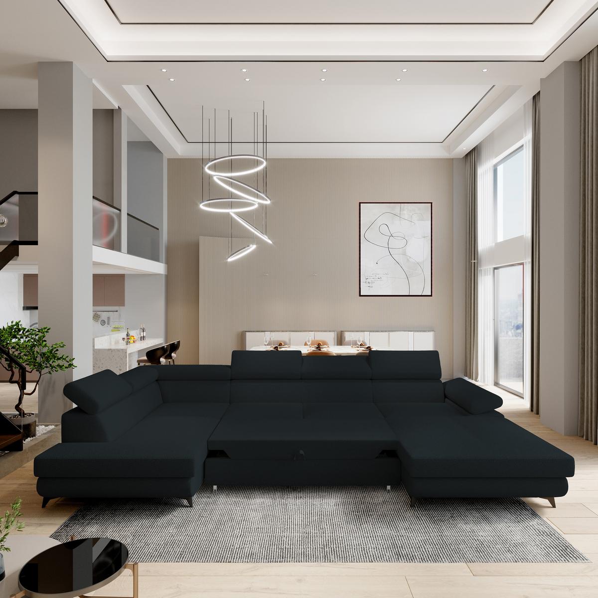 WOHNLANDSCHAFT RUBANO L-S Schwarz Boucle-Stoff mit Schlaffunktion - Schwarz, Holz (339/89/190cm) - MASSENO