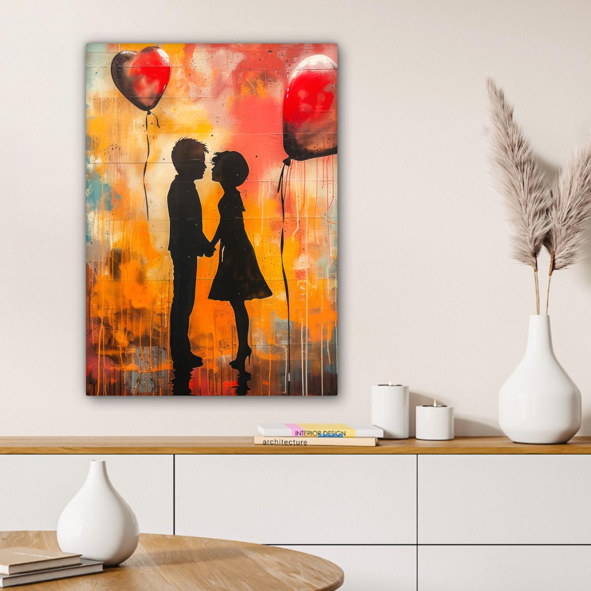 LEINWANDBILD Straßenkunst - Liebe - Graffiti - Kunst - Banksy Wandbild Wohnzimmer 60x80 cm - Orange, Textil (60/80cm) - MuchoWow