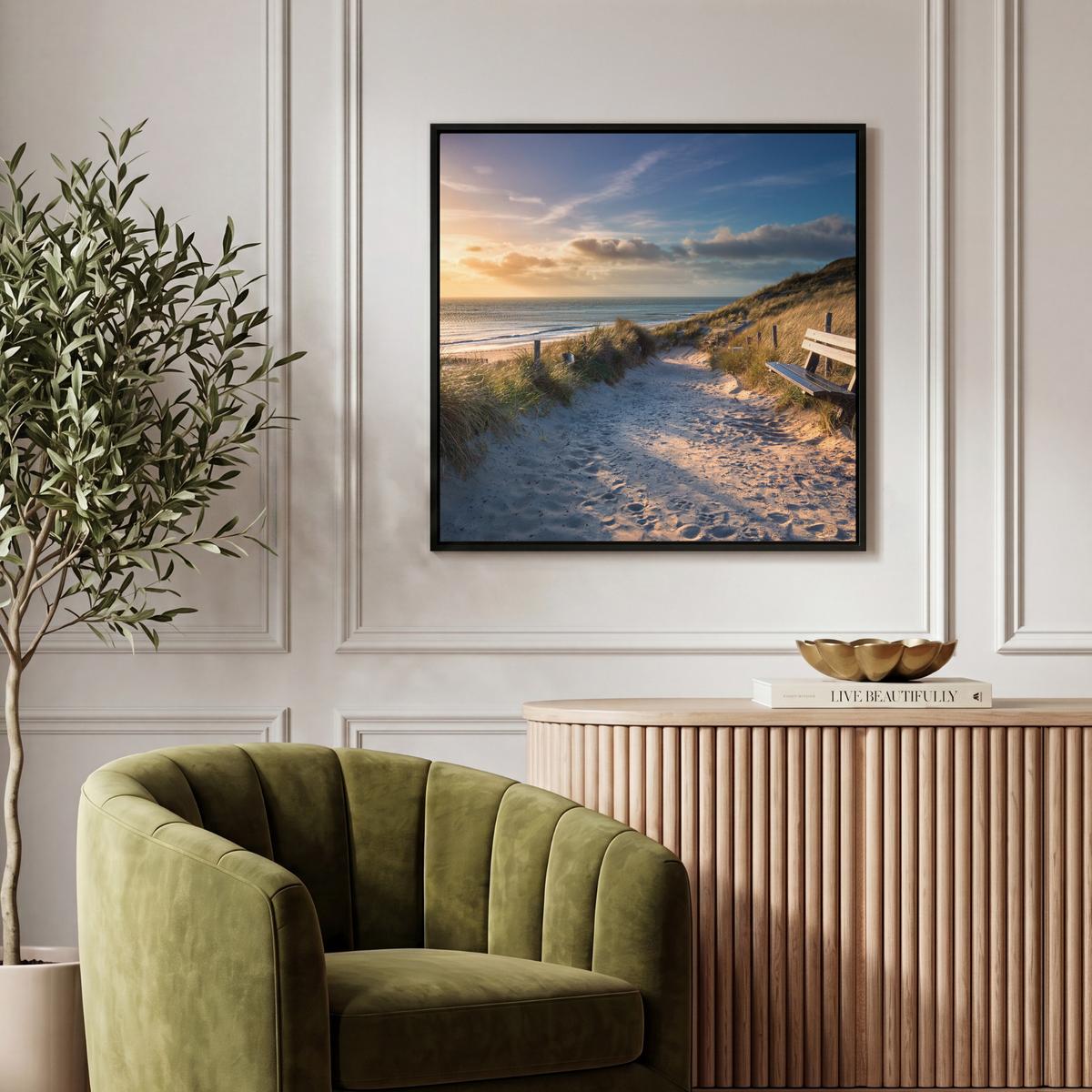 LEINWAND Bilder mit Rahmen - Sonnenuntergang - Strand - Düne - Gras - Ufer - 50x50 - Sandfarben, Textil (50/50cm) - MuchoWow