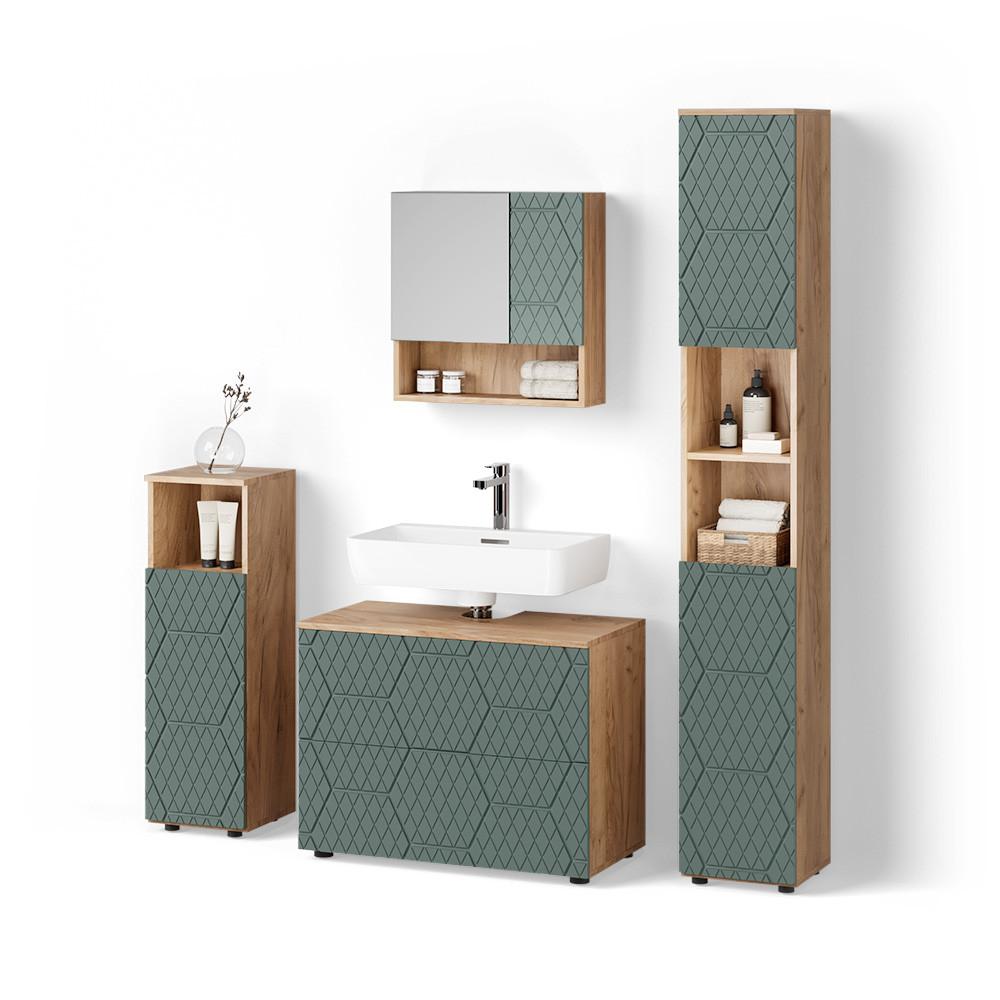 BADMÖBEL-SET Ronco Grün/Goldkraft Eiche 4 Teile, mit Schubladenschrank und Hochschrank - Honigeiche/Grün, Holzwerkstoff (80/58/41cm) - Livinity®