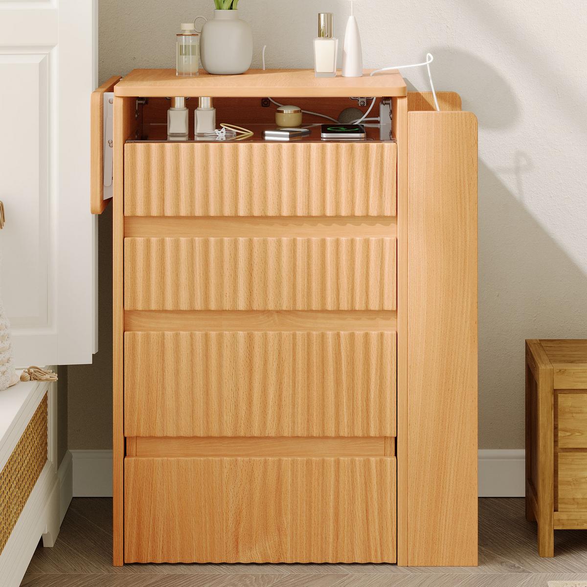 SCHMINKTISCH mit Hocker Naturholzoptik mit LED-Klappspiegel, Ladestation - Naturfarben, Holzwerkstoff (79/120/40cm) - Urban Meuble