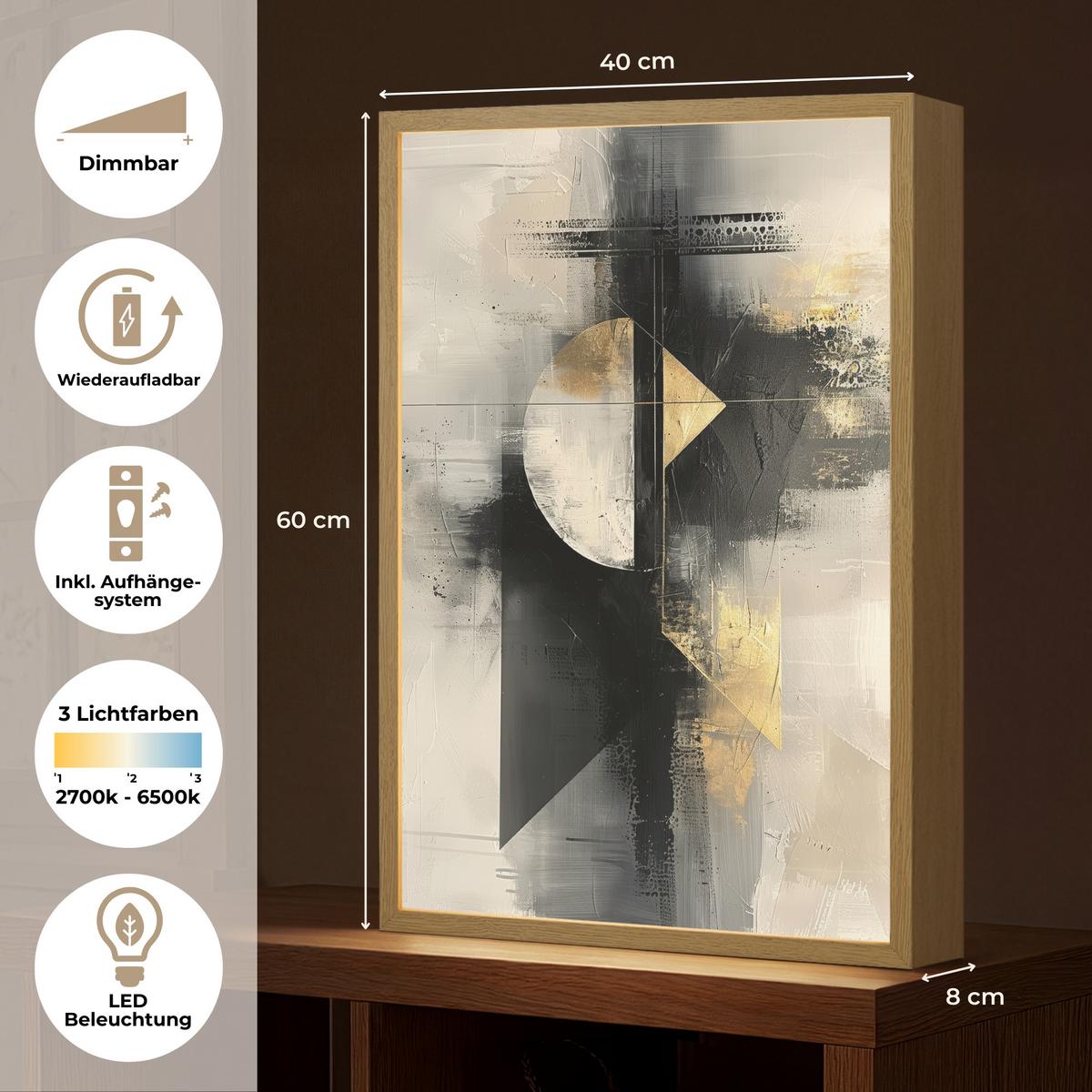 WANDLEUCHTE MIT AKKU Abstrakt - Schwarz - Farbe - Modern 40x60 cm - Grau, Holzwerkstoff (40/60/8cm) - OnlyWow