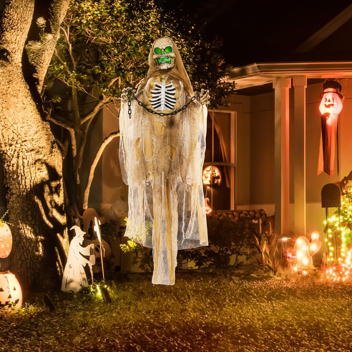 183CM Halloween Dekoration Hängendes Skelett mit LED-Lichter, Soundfunktion - Hellbraun, Kunststoff (18/183/70cm) - HOMCOM