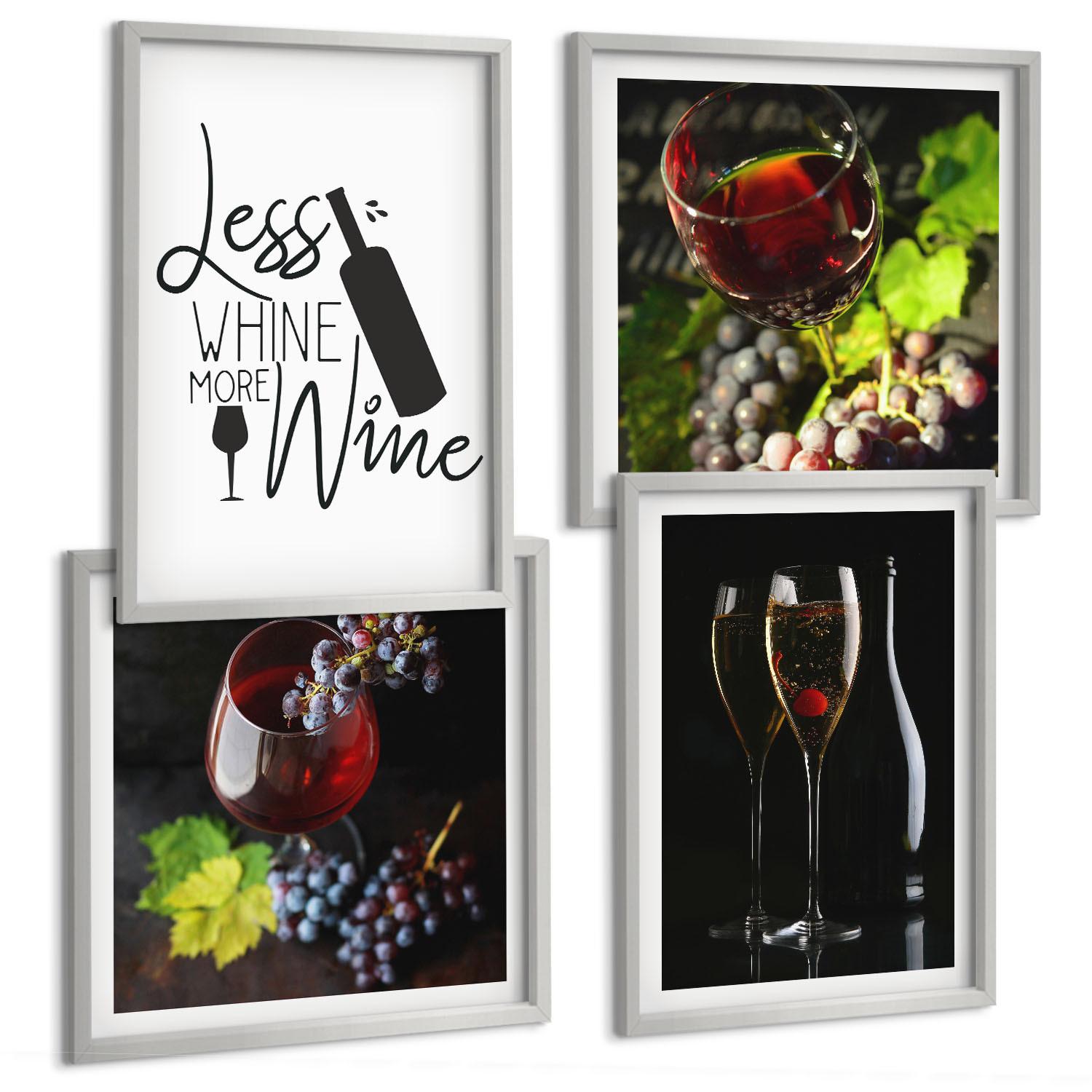 BILDER SET 4er Set - 50x50 cm & 40x60 cm Silberner Rahmen - Weingläser mit Trauben und Inschrift - Silberfarben, Kunststoff (50/50cm) - TULUP