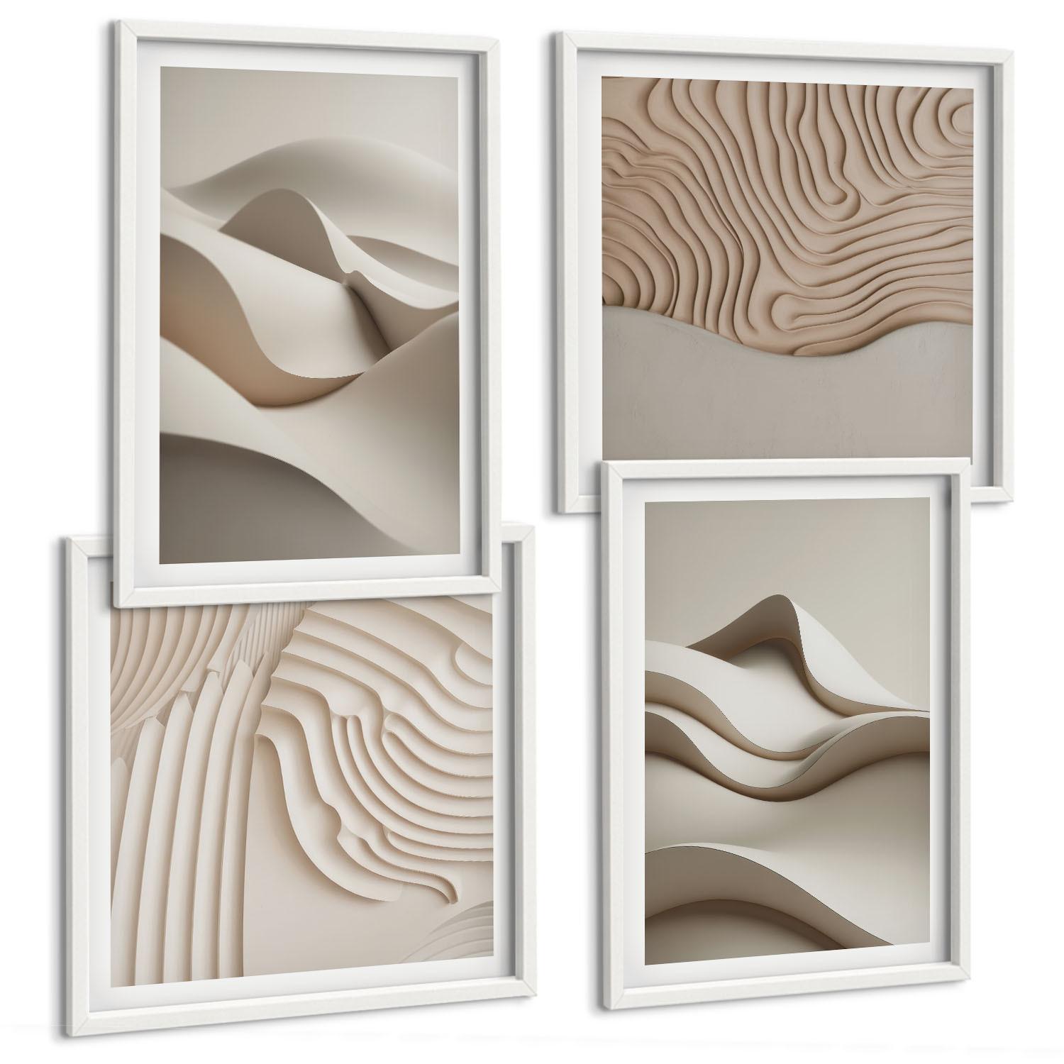 BILDER SET 4er Set - 50x50 cm & 40x60 cm Weißer Rahmen - Abstrakte beige Wellen - Weiß, Kunststoff (50/50cm) - TULUP