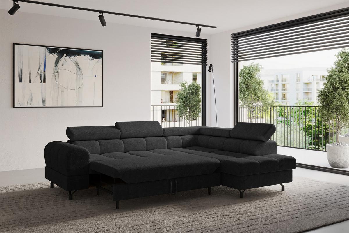 ECKSOFA mit Schlaffunktion Ottomane Rechts LUMA-L 272x203x70 Schwarz Velours - Schwarz, Holzwerkstoff/Kunststoff (203/272cm) - ALTDECOR