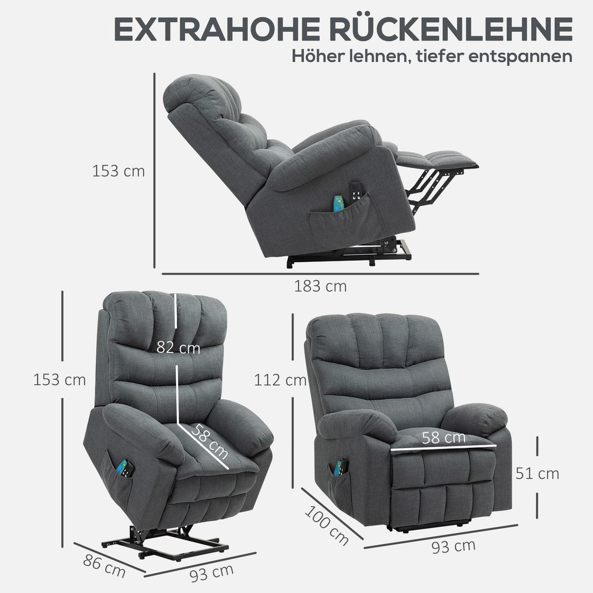 RELAXSESSEL Elektrisch Fernsehsessel mit Aufstehhilfe, Liegefunktion, Dunkelgrau - Dunkelgrau/Schwarz, Textil/Metall (93/112/100cm) - HOMCOM