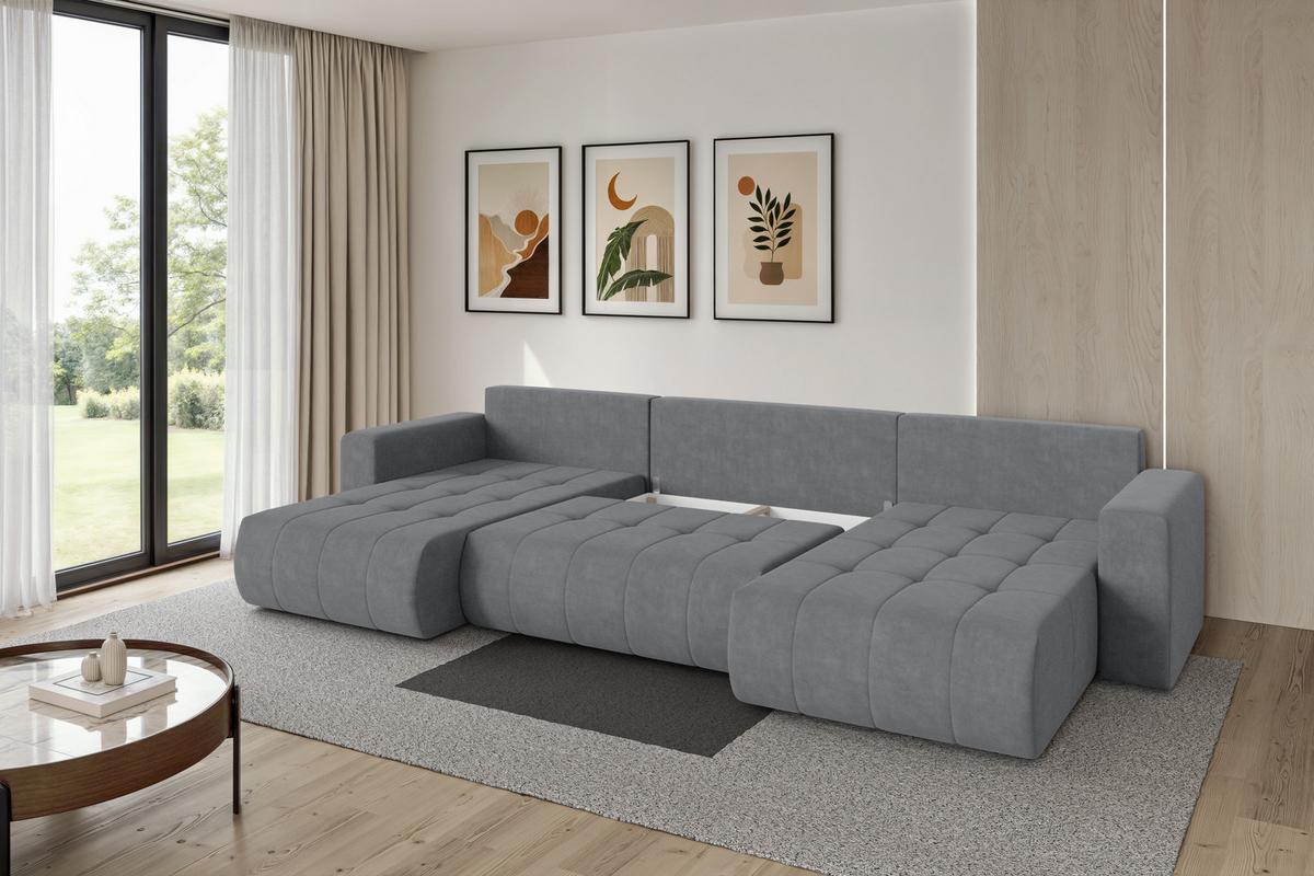 WOHNLANDSCHAFT mit Schlaffunktion und Bettkasten MILA-U 378x194x86 Grau Velours - Taupe/Schwarz, Holzwerkstoff/Kunststoff (378/86/194cm) - ALTDECOR