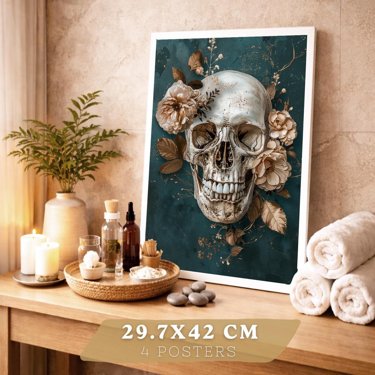 POSTER Set aus 4 Anatomie Drucke und Wandbilder mit Schädel Herz Gehirn Wirbelsäule Skelett Becken Klassisches Florales Design Größe Weißer Rahmen A3 - Weiß, Papier (29.7/42/3cm) - Nacnic