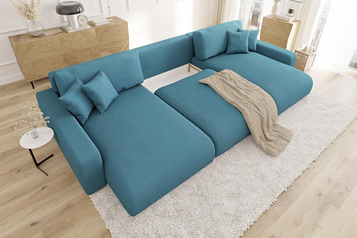WOHNLANDSCHAFT Emma Türkis Cord - Türkis/Schwarz, Holz/Kunststoff (332/78/170cm) - S-Style Möbel