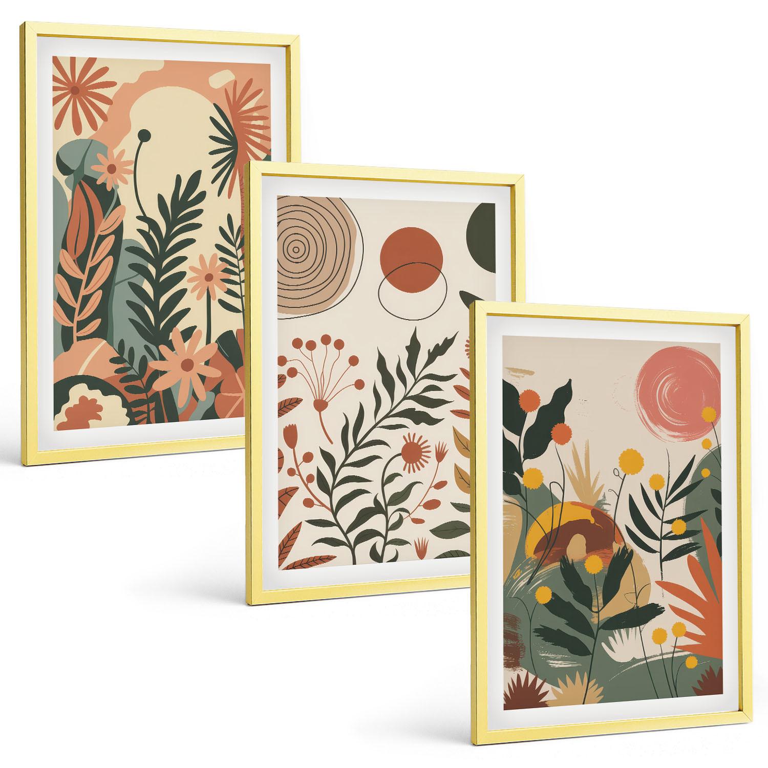 BILDER SET 3er Set - 40x60 cm Goldrahmen - Vintage-Pflanzenmuster in Pastellfarben - Goldfarben, Kunststoff (40/60cm) - TULUP