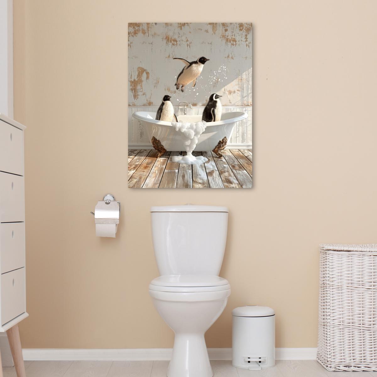 LEINWANDBILD Vintage - Pinguin - Badewanne - Schaumstoff Wandbild Wohnzimmer 50x70 cm - Schwarz, Textil (50/70cm) - MuchoWow