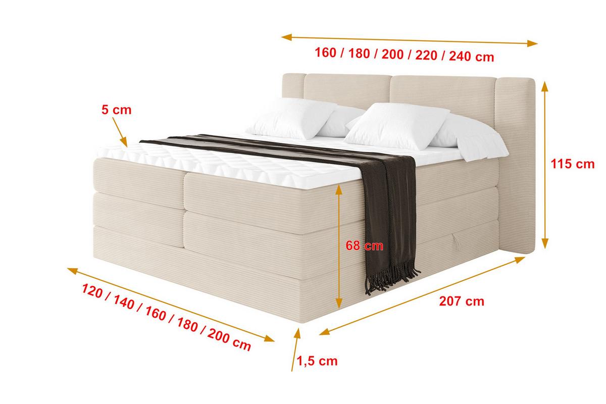 BOXSPRINGBETT mit Matratze H3/H4 - EVON KING - 180x200 cm Beige - Ecru, Holzwerkstoff (180/200cm) - ALTDECOR