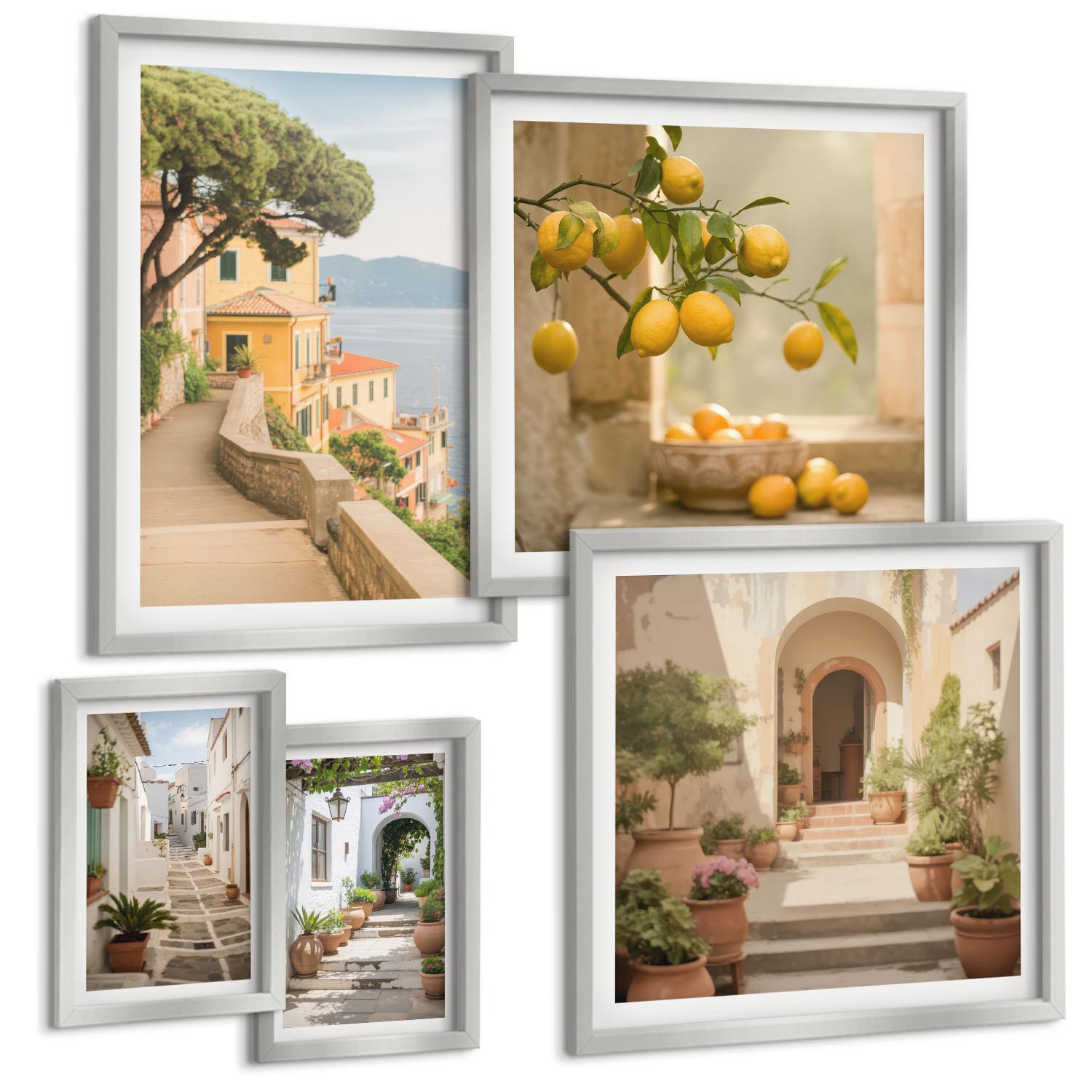 BILDER SET 5er Set - 50x50 cm & 20x30 cm & 40x60 cm Silberner Rahmen - Zitrusfrüchte in der Küche - Silberfarben, Kunststoff (40/60cm) - TULUP