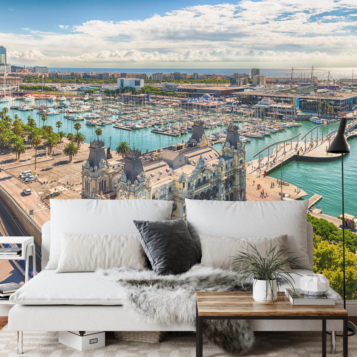 FOTOTAPETE für Wohnzimmer Barcelona Hafen Boote Denkmäler 100x70 - Türkis/Beige, Papier (100/70cm) - Muralo