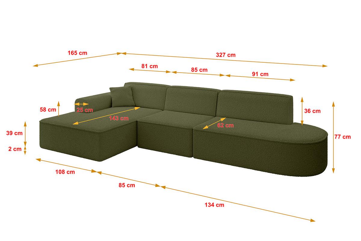 ECKSOFA Ottomane Links IREA-L2-v3 - 327x165x77 cm Grün - Platinfarben/Olivgrün, Holzwerkstoff/Textil (327/165cm) - ALTDECOR