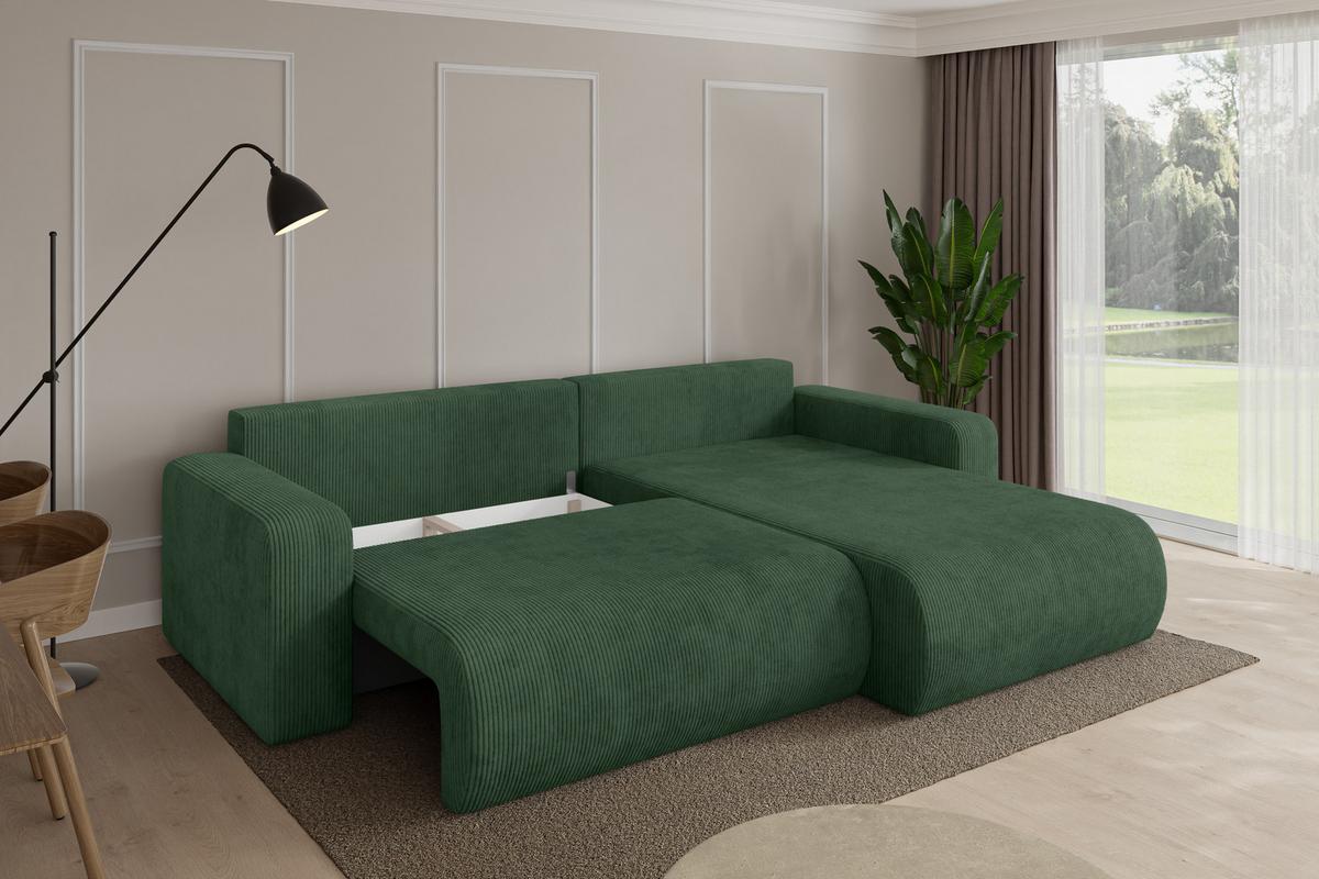 ECKSOFA mit Schlaffunktion Ottomane Rechts BERY-L 276x193x88 Grün Cord - Dunkelgrün/Schwarz, Holzwerkstoff/Kunststoff (276/193cm) - ALTDECOR