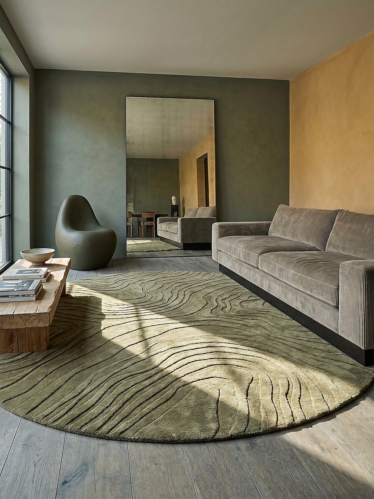 WOLLTEPPICH LEVEN, abstrakt, Olivegrün, Ø 160 cm - Grün, Textil (160/160cm) - KADIMA DESIGN