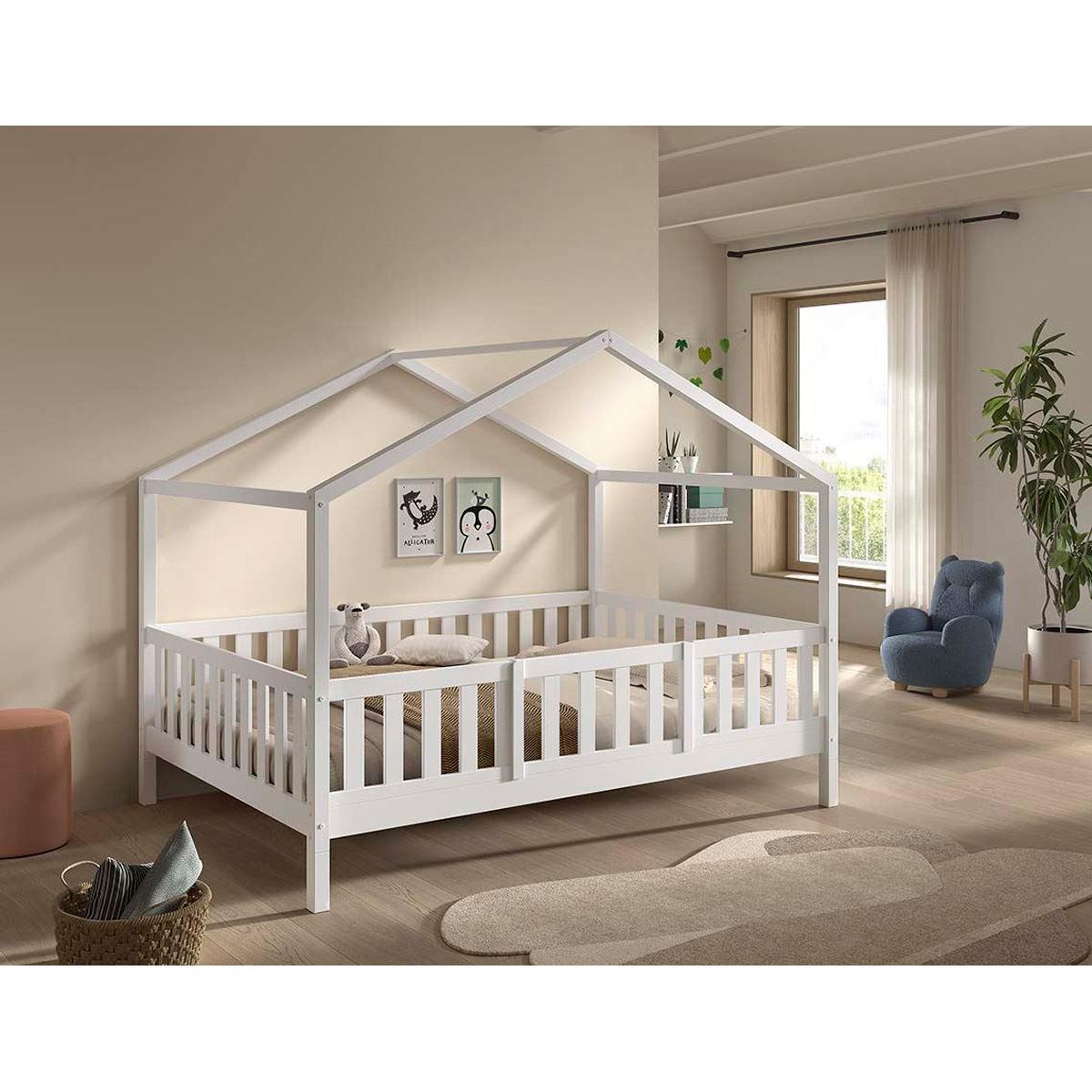 HAUSBETT Kapua 140x200 mit Rausfallschutz Kiefer Massivholz weiß - Weiß, Holz (140/200cm) - 58aufmkessel